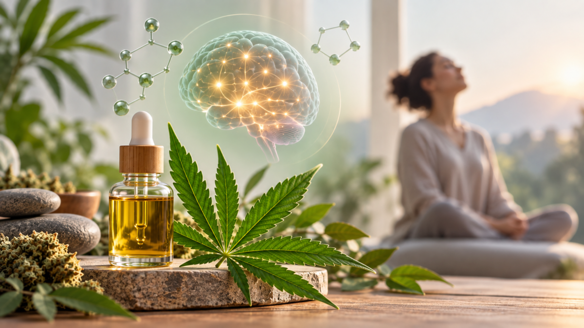CBG for depression and anxiety research showing cannabis leaf and brain wellness concept
