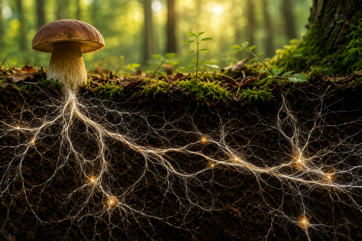 Mushroom communication through an underground mycelium network connecting fungi and plants