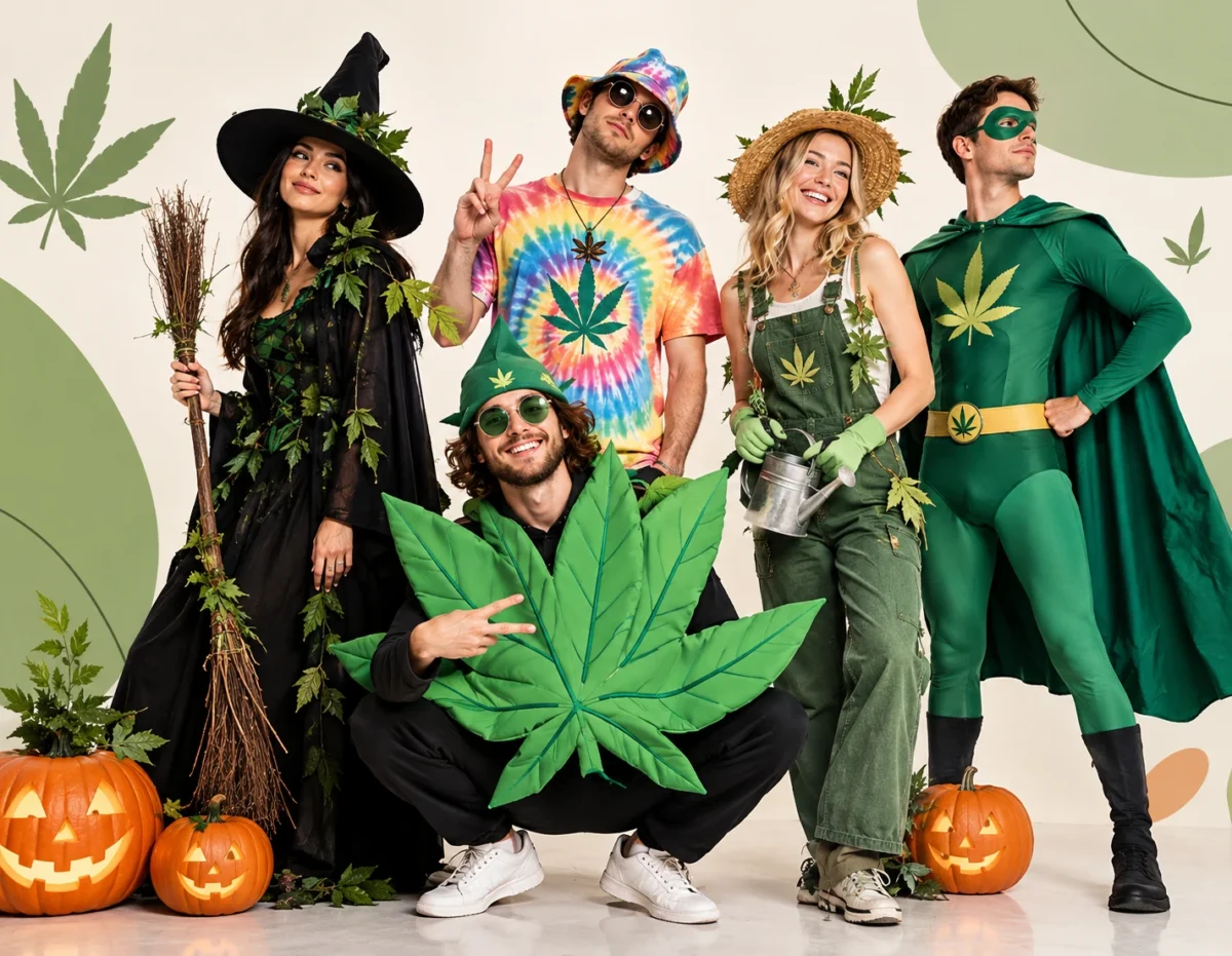 Weed Themed Halloween Costume featuring green clothing and botanical accessories